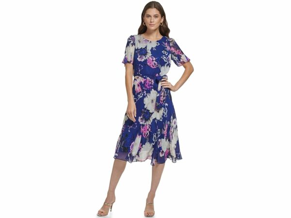 DKNY Godet Sleeve and Skirt Midi Dress (Blueprint/Raspberry Multi) Women's Dress