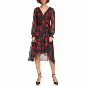 DKNY Long Balloon Sleeve with Wrap Skirt (Black/Scarlet) Women's Clothing