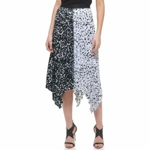 DKNY Pull-On Asymmetrical Printed Color-Block Skirt (Black/White/White/Black) Women's Skirt