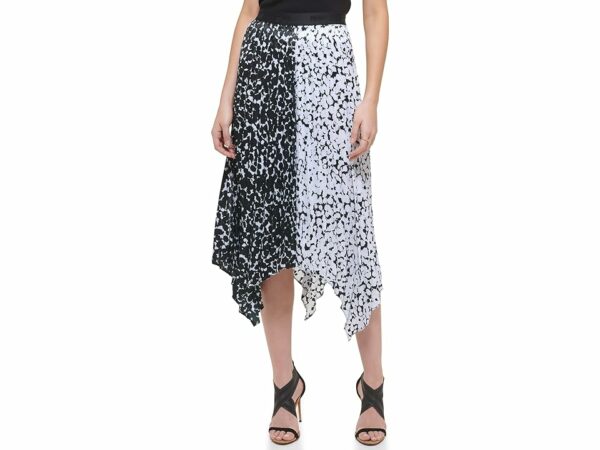 DKNY Pull-On Asymmetrical Printed Color-Block Skirt (Black/White/White/Black) Women's Skirt