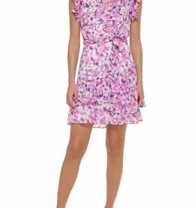 DKNY Women's Short Flutter Sleeve Floral Printed Smock Waist Fit and Flare Dress, 14