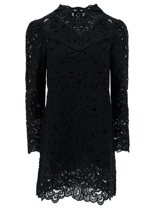 'Daphne' Mini Black Dress With Flower Embroidery In Guipure Woman