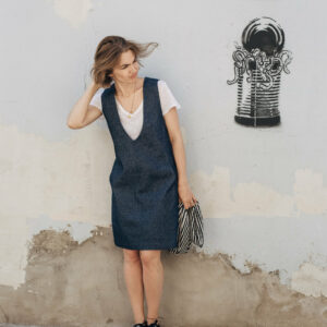 Dark Blue Jeans Pinafore Dress/Apron Denim Sarafan Strap Dress Black Short Sleeveless V Neck Jeans