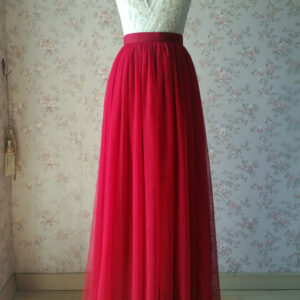 Dark Red Tulle Maxi Skirt Women Custom Plus Size Tulle Skirt for Wedding