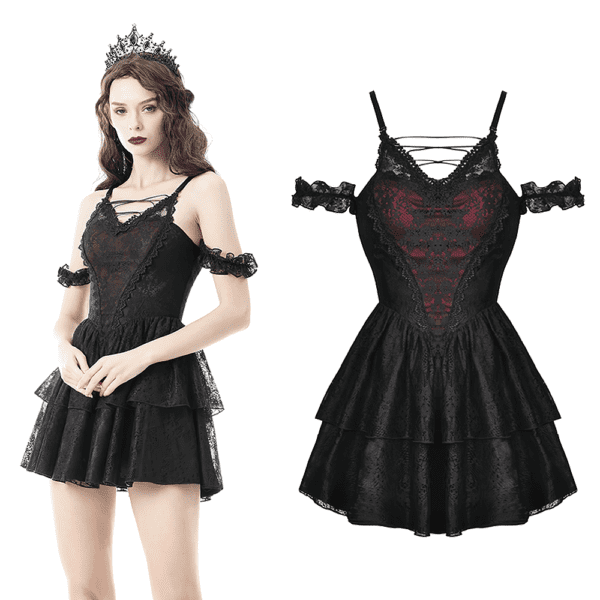 Dark Romantic Gothic Lace Off-Shoulder Mini Dress