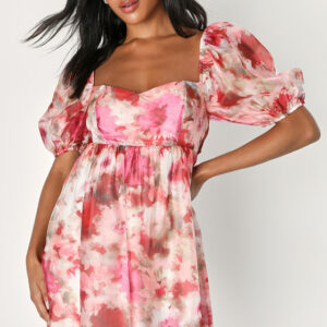 Darling Aura Pink Multi Floral Organza Babydoll Mini Dress