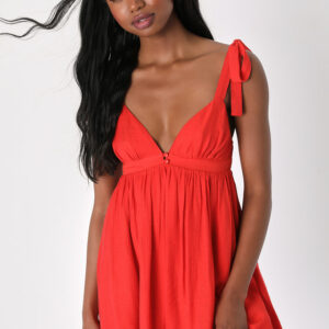 Delightfully Dainty Red Linen Tie-Strap Babydoll Mini Dress