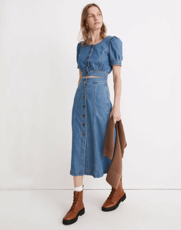 Denim Button-Front A-Line Midi Skirt