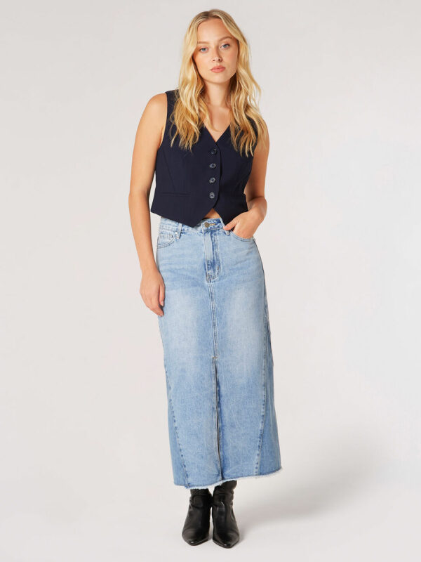 Denim Godet Split Hem Midi Skirt