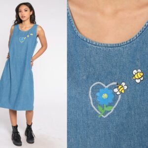 Denim Midi Dress 90S Floral Bumblebee Print Jean Jumper Pinafore Day Grunge Vintage Overall Blue Sleeveless 1990S Medium Large