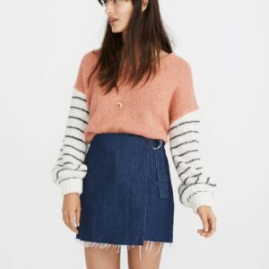 Denim Raw-Hem Mini Wrap Skirt