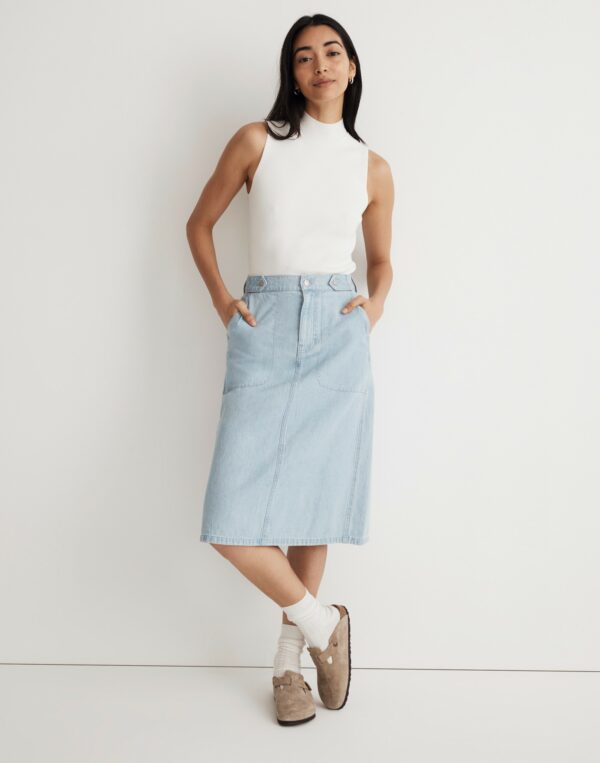 Denim Tab-Waist A-Line Midi Skirt in Lynnhaven Wash