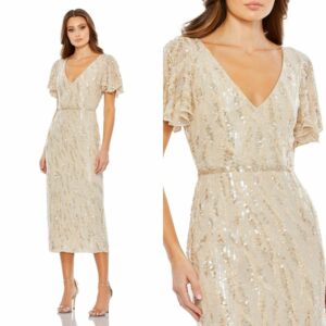 Designer NWT Mac Duggal Sequin Embroidered Tea Length Midi Dress in Gold, Women's (Size XS)