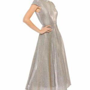 Designer Nwt!!metallic Cap Sleeve Tea-Length Dress Msrp $378 in Gold, Women's (Size XL)