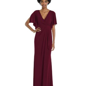 Dessy Collection Plus Size Faux Wrap Split Sleeve Maxi Dress with Cascade Skirt - Cabernet