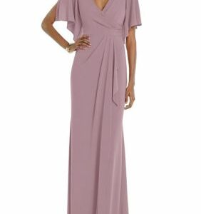 Dessy Collection Women's Faux Wrap Split Sleeve Maxi Dress with Cascade Skirt, Dusty Rose, XS