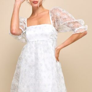 Divinely Dreamy White Floral Embroidered Babydoll Mini Dress