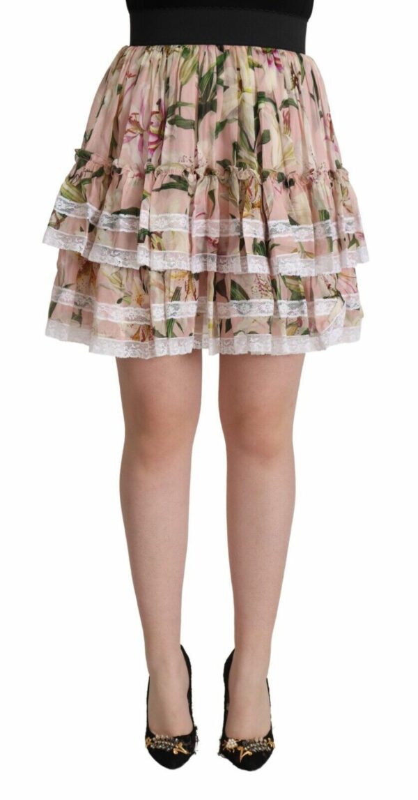 Dolce & Gabbana Elegant Lily Print Tiered A-Line Mini Women's Skirt