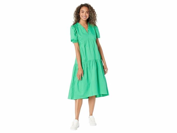 Donna Morgan Deep Ruffled V-Neck Midi Dress with Skirt Tiers (Ming Green) Women's Dress