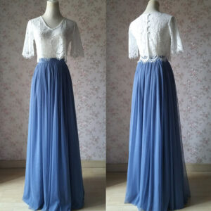 Dusty Blue Bridesmaid Dresses 2 Piece Long Tulle Skirt and Sleeve Crop Lace Top