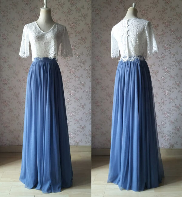 Dusty Blue Bridesmaid Dresses 2 Piece Long Tulle Skirt and Sleeve Crop Lace Top