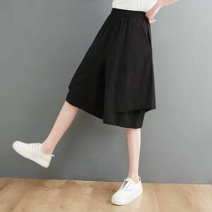 Elastic Waist Plain Asymmetrical Capri Culottes