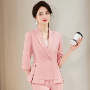 Elbow-Sleeve Peak Lapel Plain Peplum Double Breasted Blazer / High Rise Straight Leg Slacks / High Rise Mini Pencil Skirt