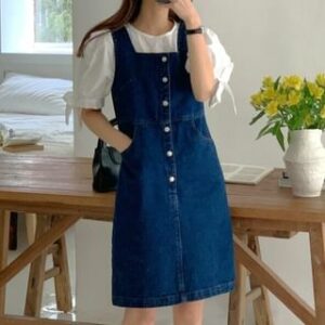 Elbow-Sleeve Round Neck Plain Button-Up Blouse / Square Neck Washed Half-Button Denim A-Line Pinafore Dress