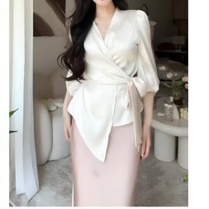 Elbow-Sleeve V-Neck Plain Wrap Blouse / Mid Rise Plain Pencil Skirt