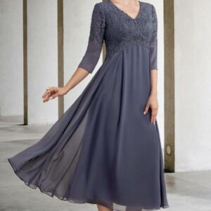 Elegant Chiffon Tea Length Mother of the Bride Dress 3/4 Sleeves Chiffon Lace Appliques Wedding Guest Dress