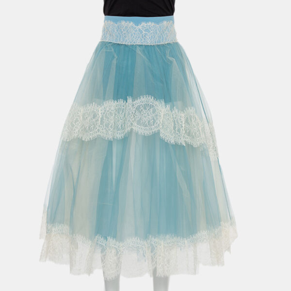 Elisabetta Franchi Blue Tulle & Lace Trim High Waist Sheer Midi Skirt M