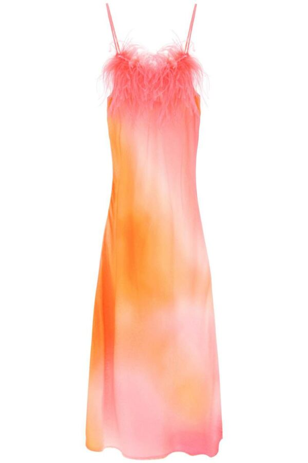 'Ella' Maxi Slip Dress In Jacquard Satin With Feathers