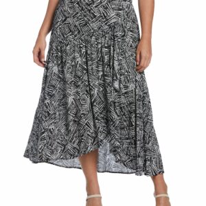 Ella by Rafaella Women's Plus Size Printed Crepe Faux Wrap Skirt in Black, Size 3X, Stripe, Viscose/Ecovero