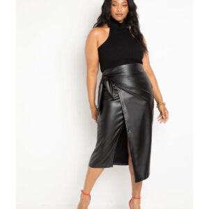 Eloquii Plus Size Wrap Front Faux Leather Midi Skirt - Totally black