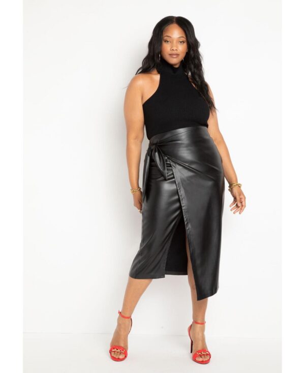 Eloquii Plus Size Wrap Front Faux Leather Midi Skirt - Totally black