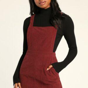 Embracing Autumn Burgundy Corduroy Pinafore Mini Dress