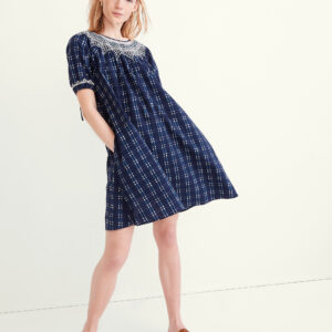 Embroidered Puff-Sleeve Babydoll Dress in Indigo Plaid