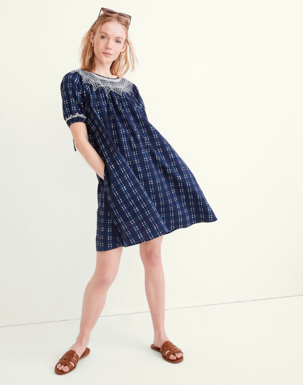 Embroidered Puff-Sleeve Babydoll Dress in Indigo Plaid