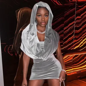 Fashion Velvet Two Piece Dress Women Hooded Velour Crop Top Mini Wrap New In Dress 2023 Autumn Winter Female 2 Piece Skirt Set