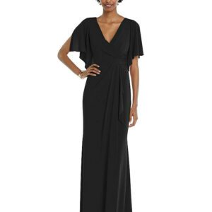 Faux Wrap Split Sleeve Maxi Dress with Cascade Skirt in Black