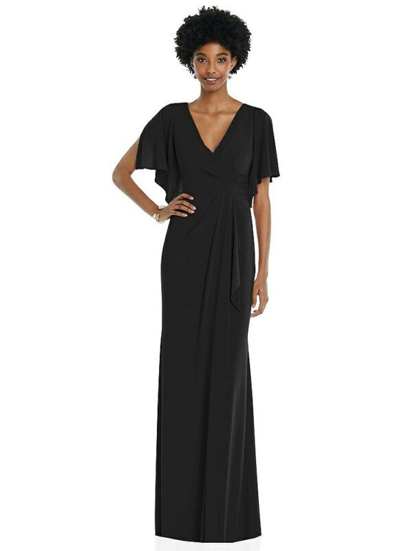 Faux Wrap Split Sleeve Maxi Dress with Cascade Skirt in Black