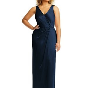 Faux Wrap Whisper Satin Maxi Dress with Draped Tulip Skirt in Midnight Navy