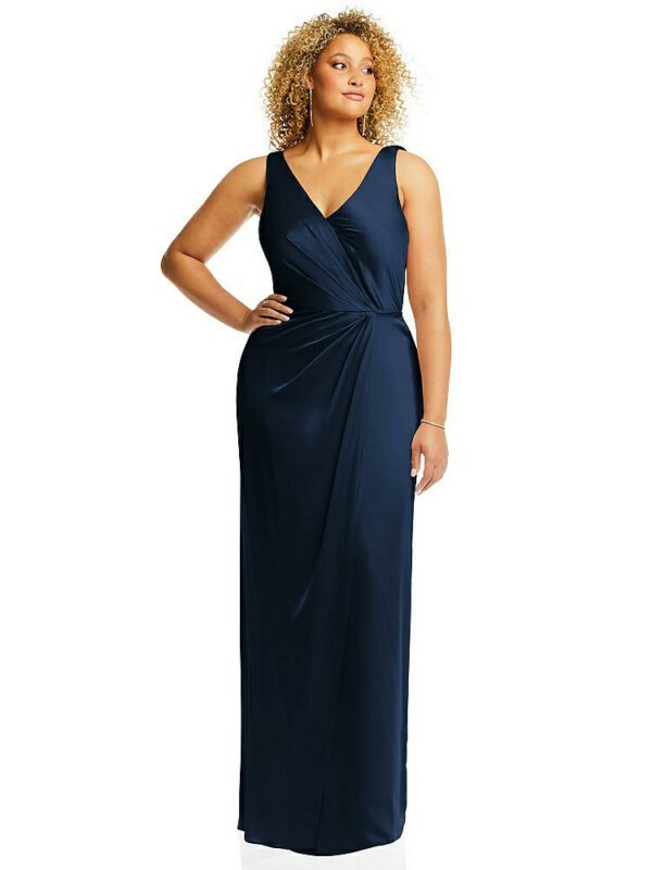 Faux Wrap Whisper Satin Maxi Dress with Draped Tulip Skirt in Midnight Navy