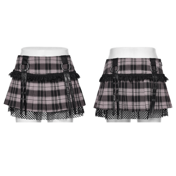 Female Plaid Mini Skirt with Fishnet Layered Panel