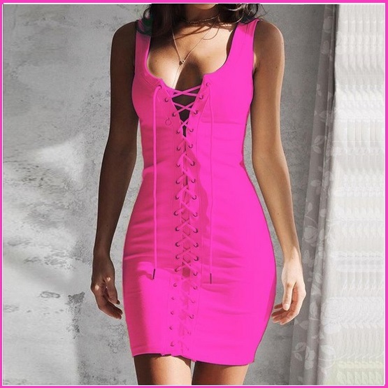 Fire Pink Sleeveless Front Lace Up Tunic Sheath Mini Length Pencil Dress