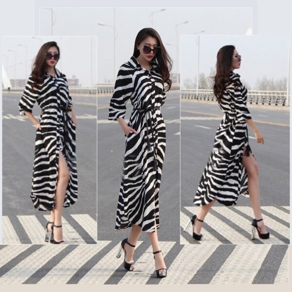 Flare Black and White Zebra Print Button Down Long Sleeve Maxi Shirt Dress