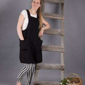 Flax Aprons/Japanese Apron Dress Black Washed Linen Summer Pinafore Smock Artisan Pinny Made To Order