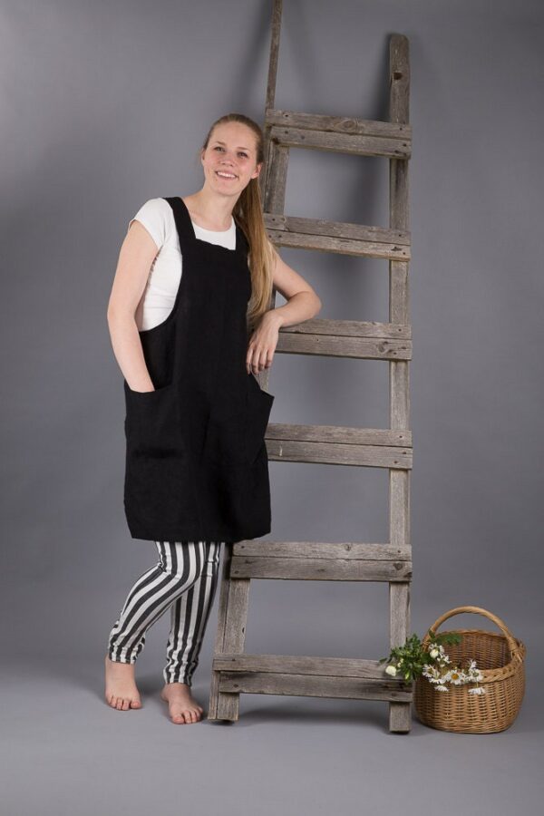 Flax Aprons/Japanese Apron Dress Black Washed Linen Summer Pinafore Smock Artisan Pinny Made To Order