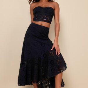 Flirty Praise Black Eyelet Asymmetrical Tiered Midi Skirt