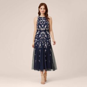 Floral Beaded Blouson Tea Length Dress In Navy Blush